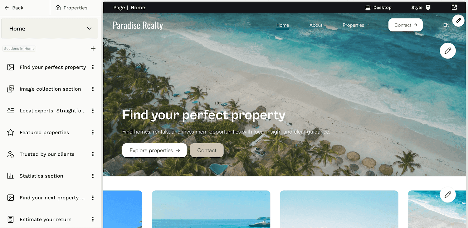The Midtide site editor with a real estate template open