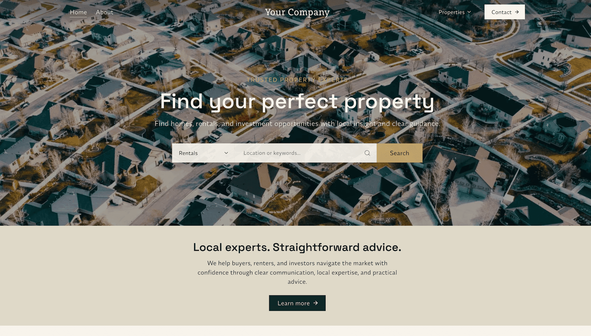 The Emerald Crown Midtide template with property listings on the homepage