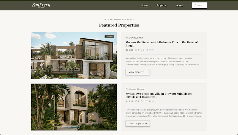 Featured listings page showing modern leasehold villas in Uluwatu, Bali
