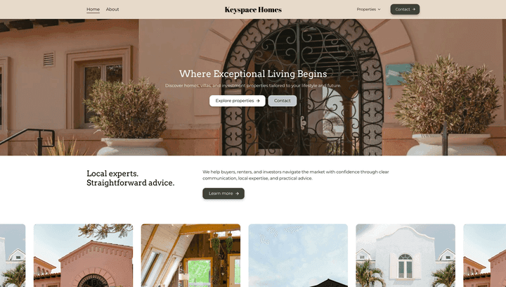 Agency homepage with a Mediterranean villa entrance, hero photo, and featured listings carousel