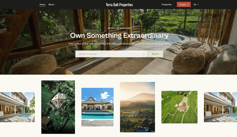 Agency homepage with a jungle-view pavilion, pool, and scrolling property and landscape photos