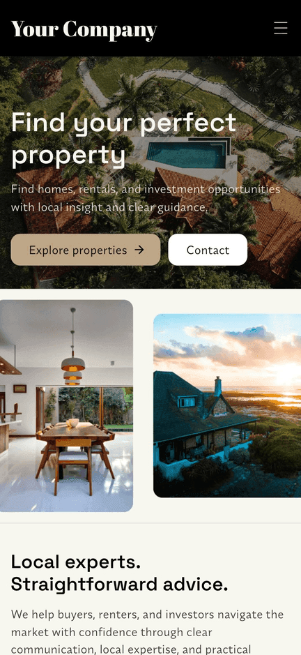 Mobile property search with an aerial villa hero and listing previews