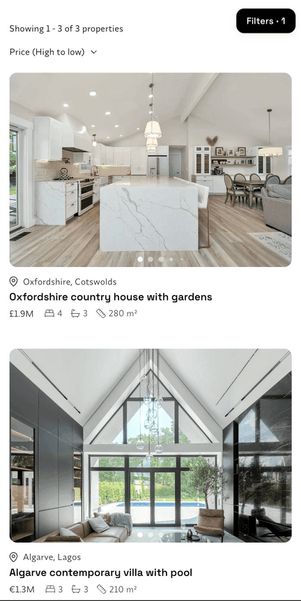 Mobile search results for an Oxfordshire country house and an Algarve pool villa