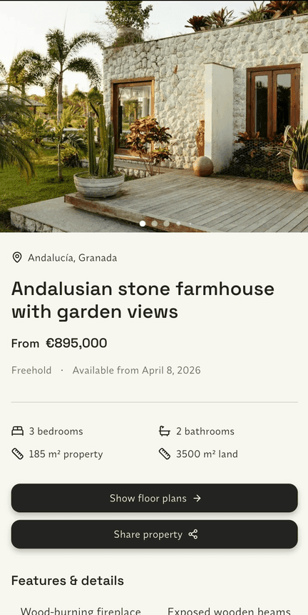 Mobile property listing for an Andalusian stone farmhouse with garden and photo gallery