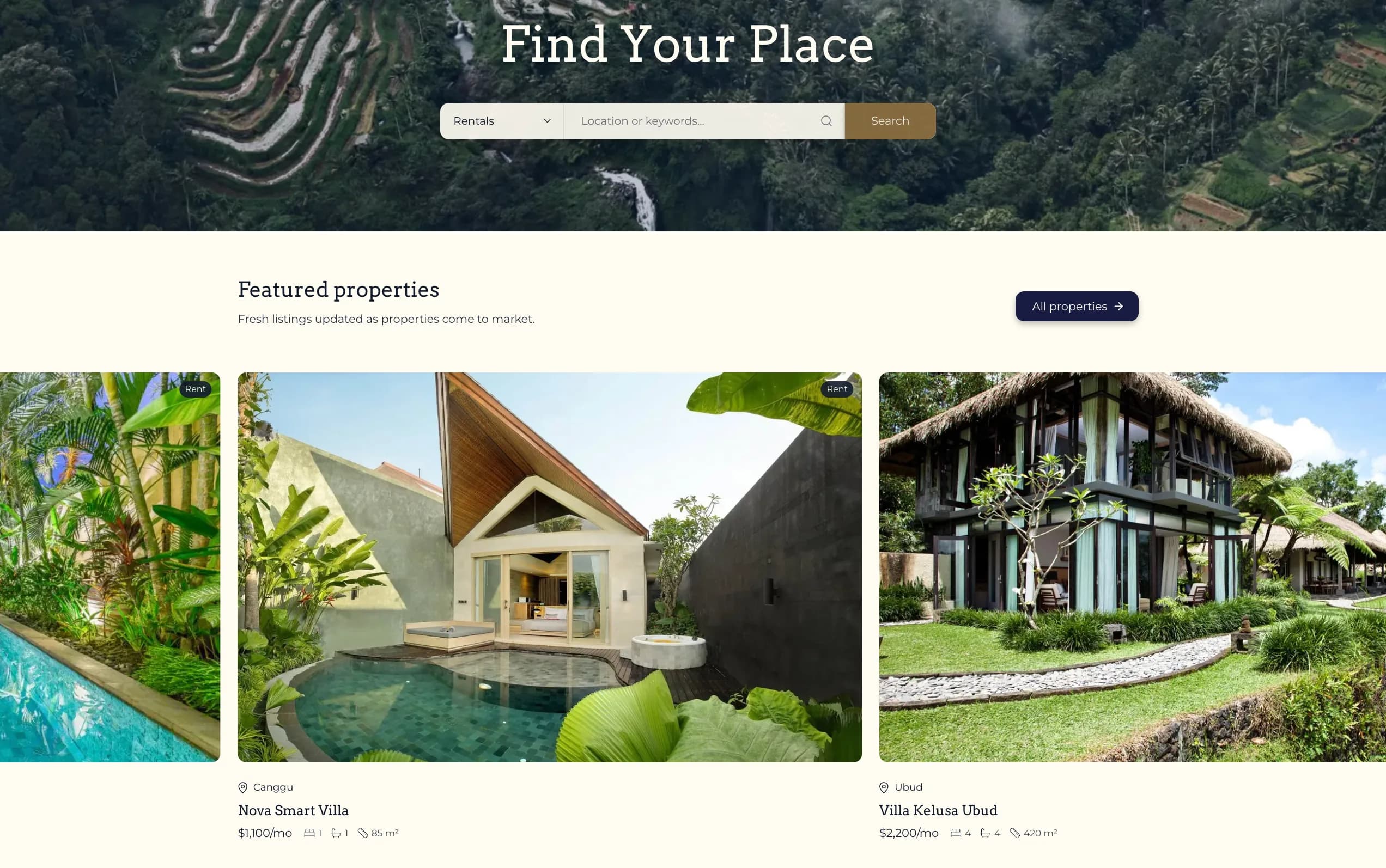 Sunny Day Properties homepage with featured listings directly under the hero search bar