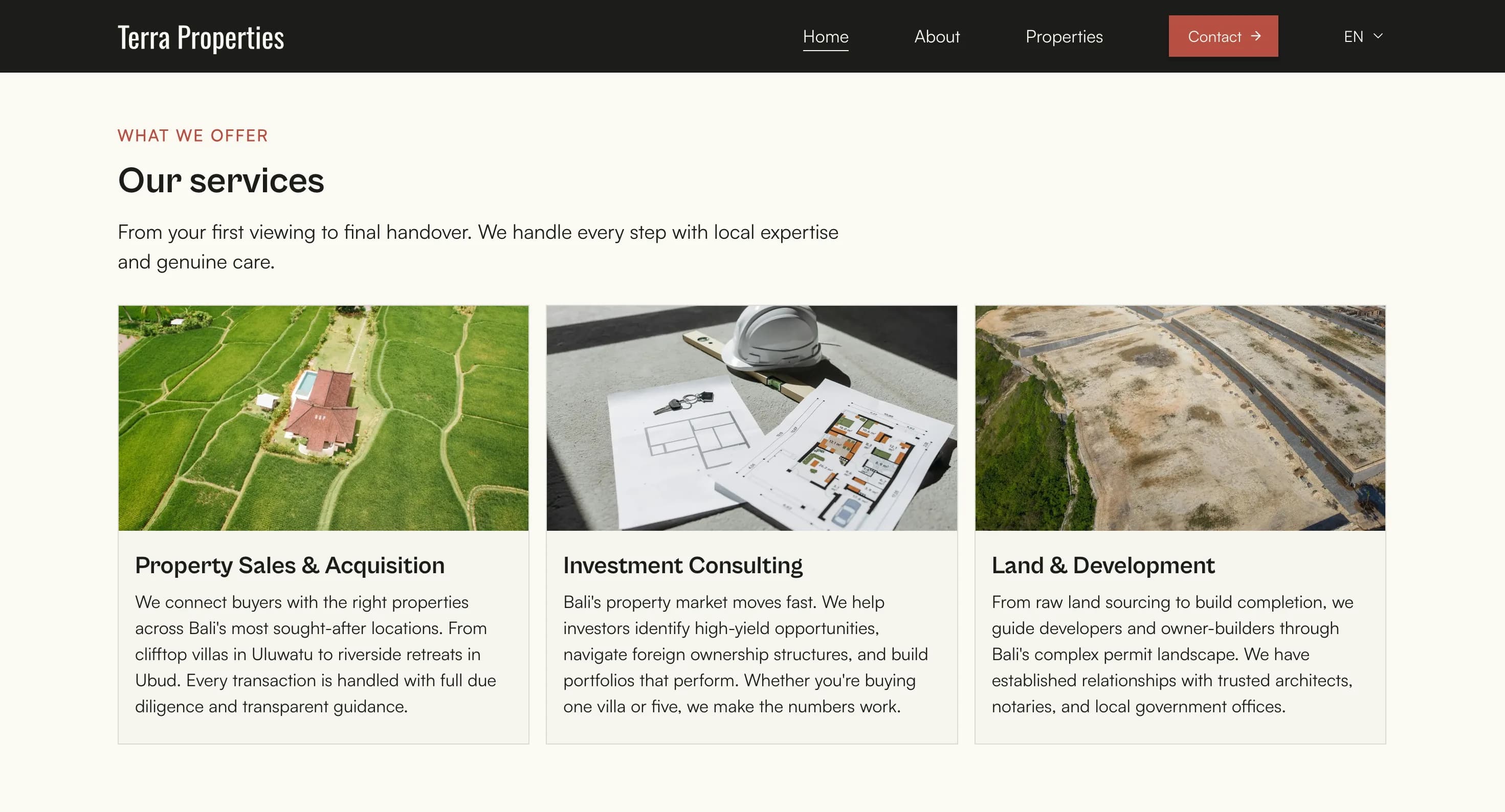 Terra Properties services section with Property Sales, Investment Consulting, and Land & Development cards