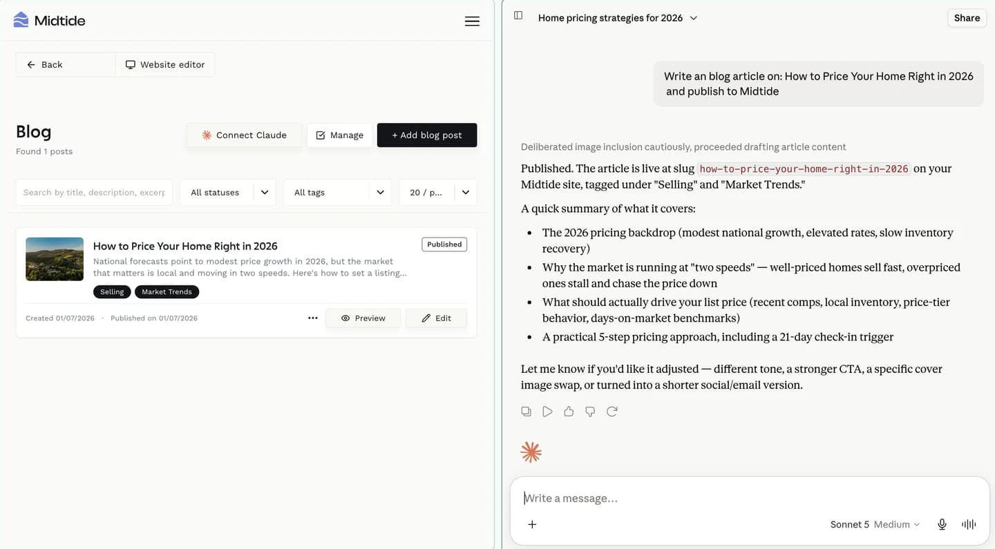 Claude Desktop connected to a Midtide website for drafting and publishing blog posts