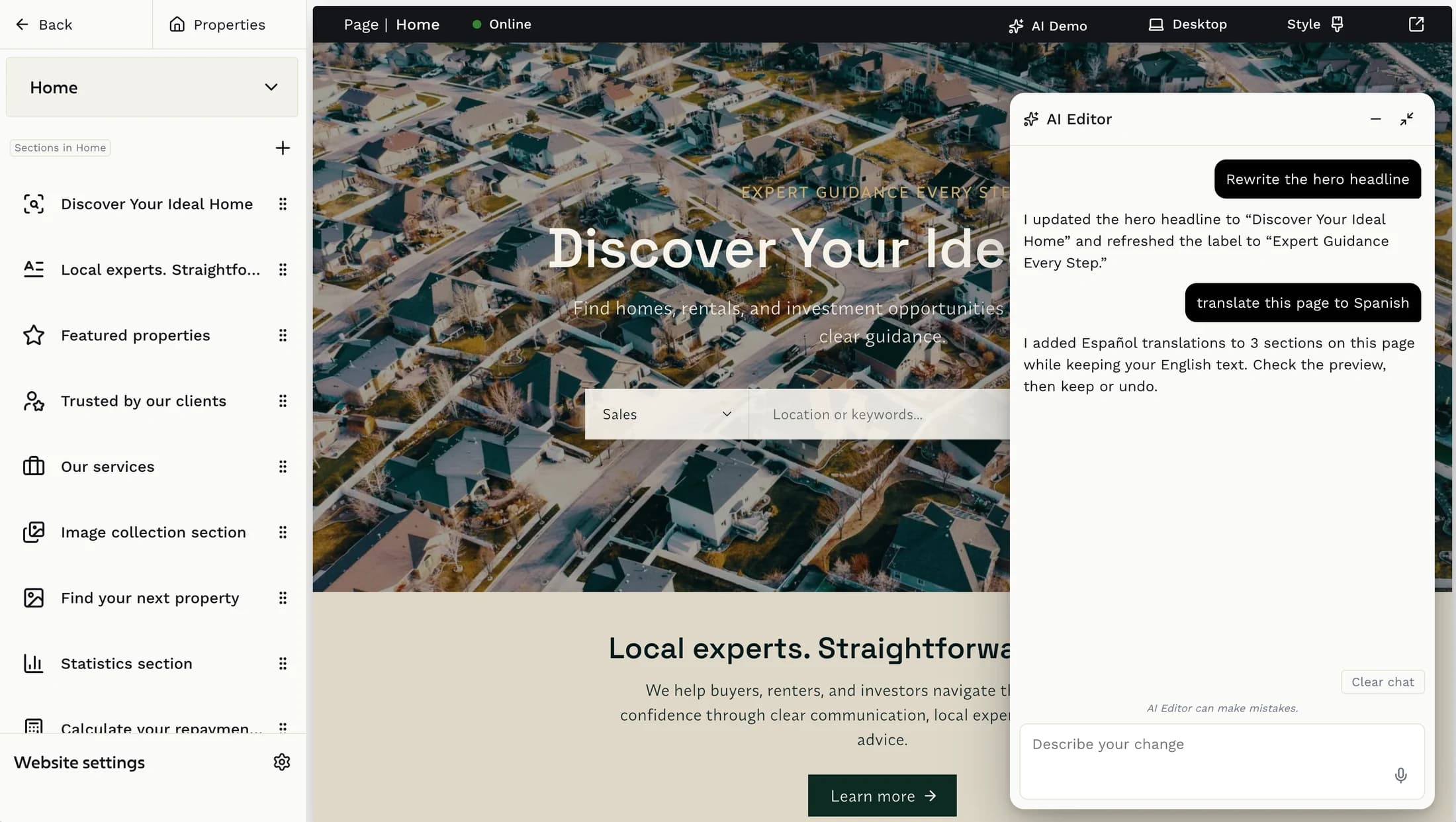The Midtide AI editor open inside the website builder