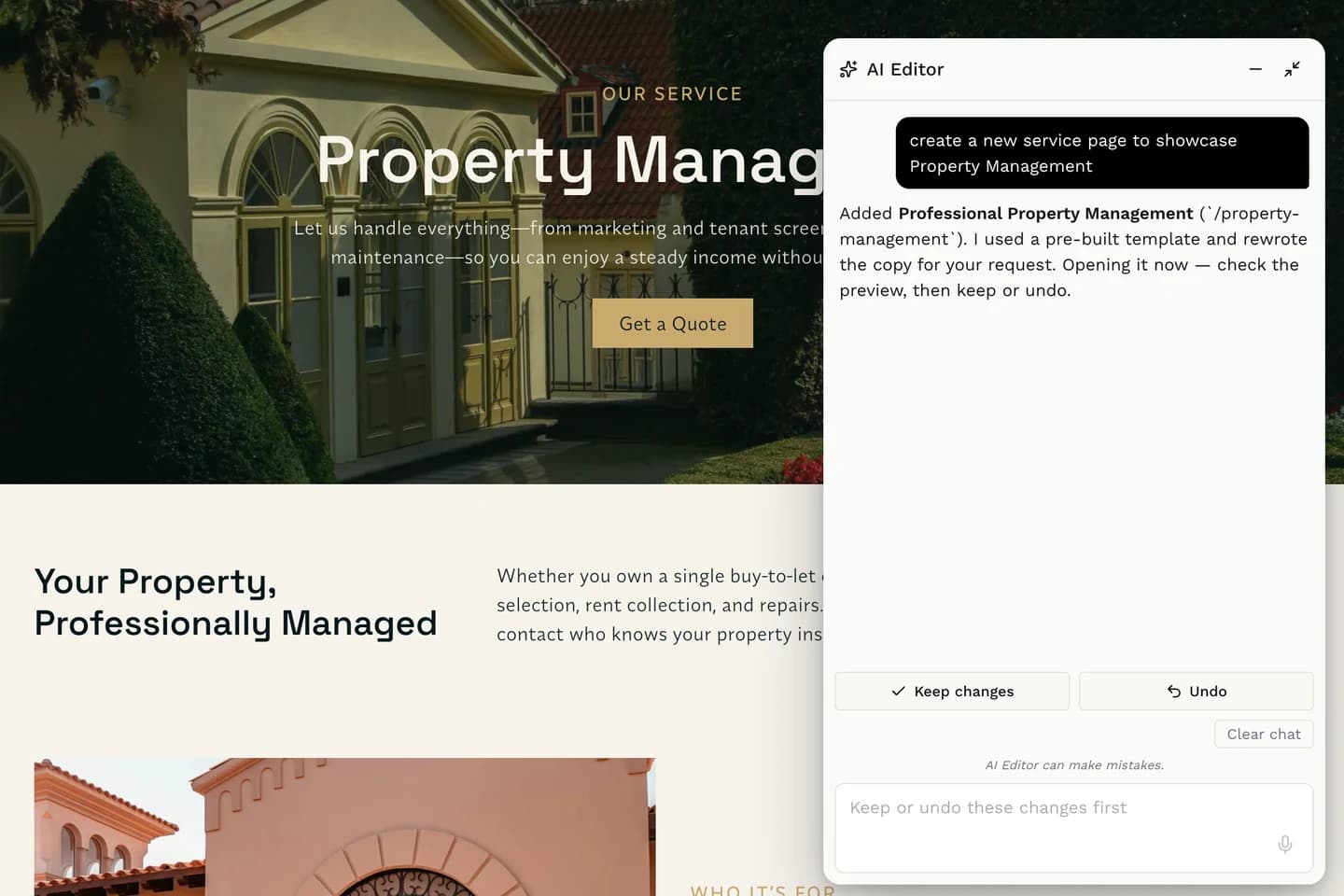 The Midtide AI editor creating a new page inside the site builder