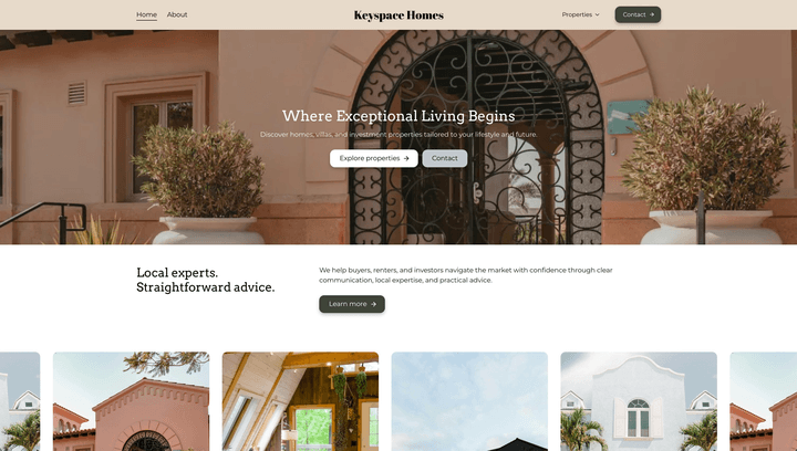 Agency homepage with a Mediterranean villa entrance, hero photo, and featured listings carousel