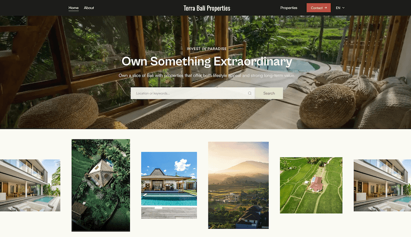 Agency homepage with a jungle-view pavilion, pool, and scrolling property and landscape photos