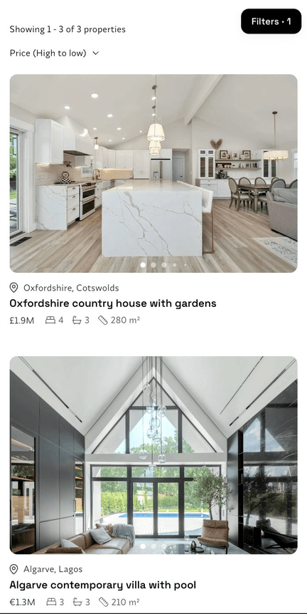 Mobile search results for an Oxfordshire country house and an Algarve pool villa