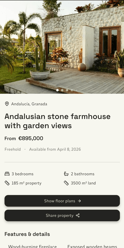 Mobile property listing for an Andalusian stone farmhouse with garden and photo gallery