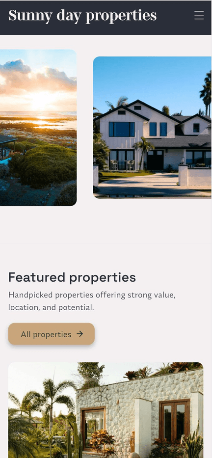 Mobile agency homepage with featured property photos and an All properties button