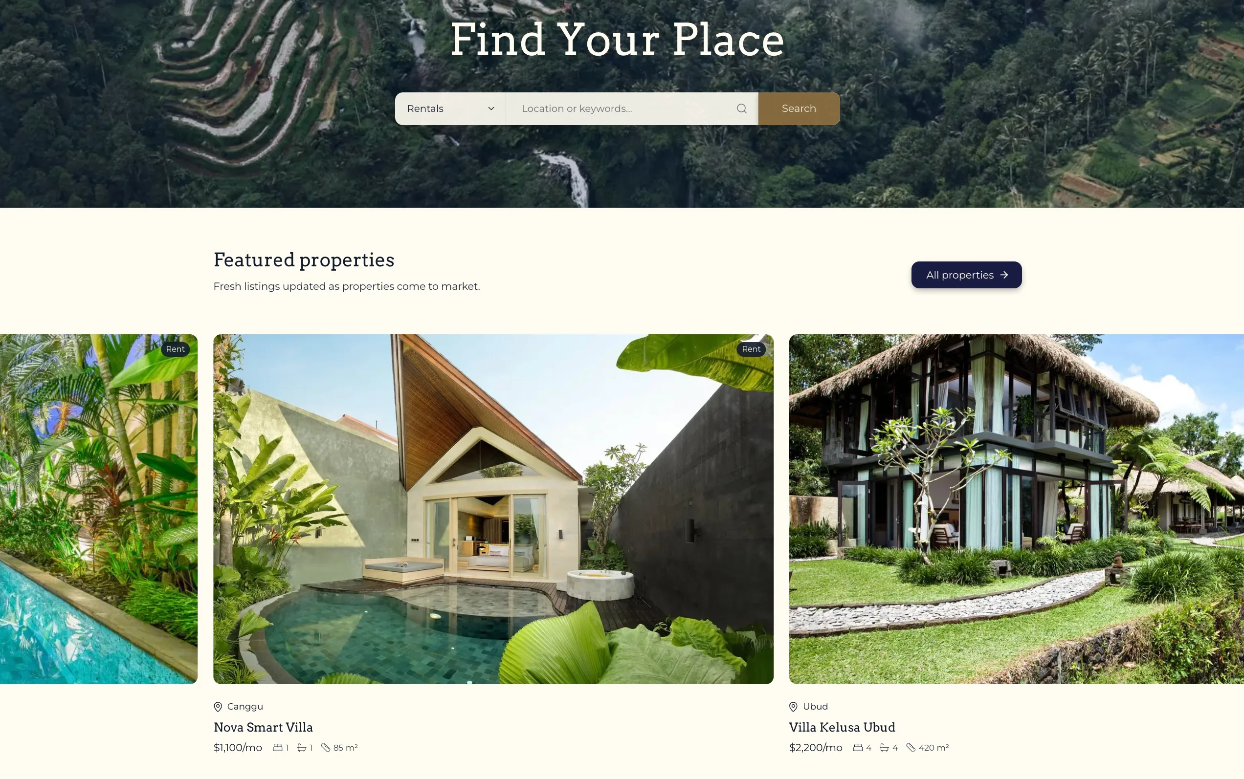 Sunny Day Properties homepage with featured listings directly under the hero search bar