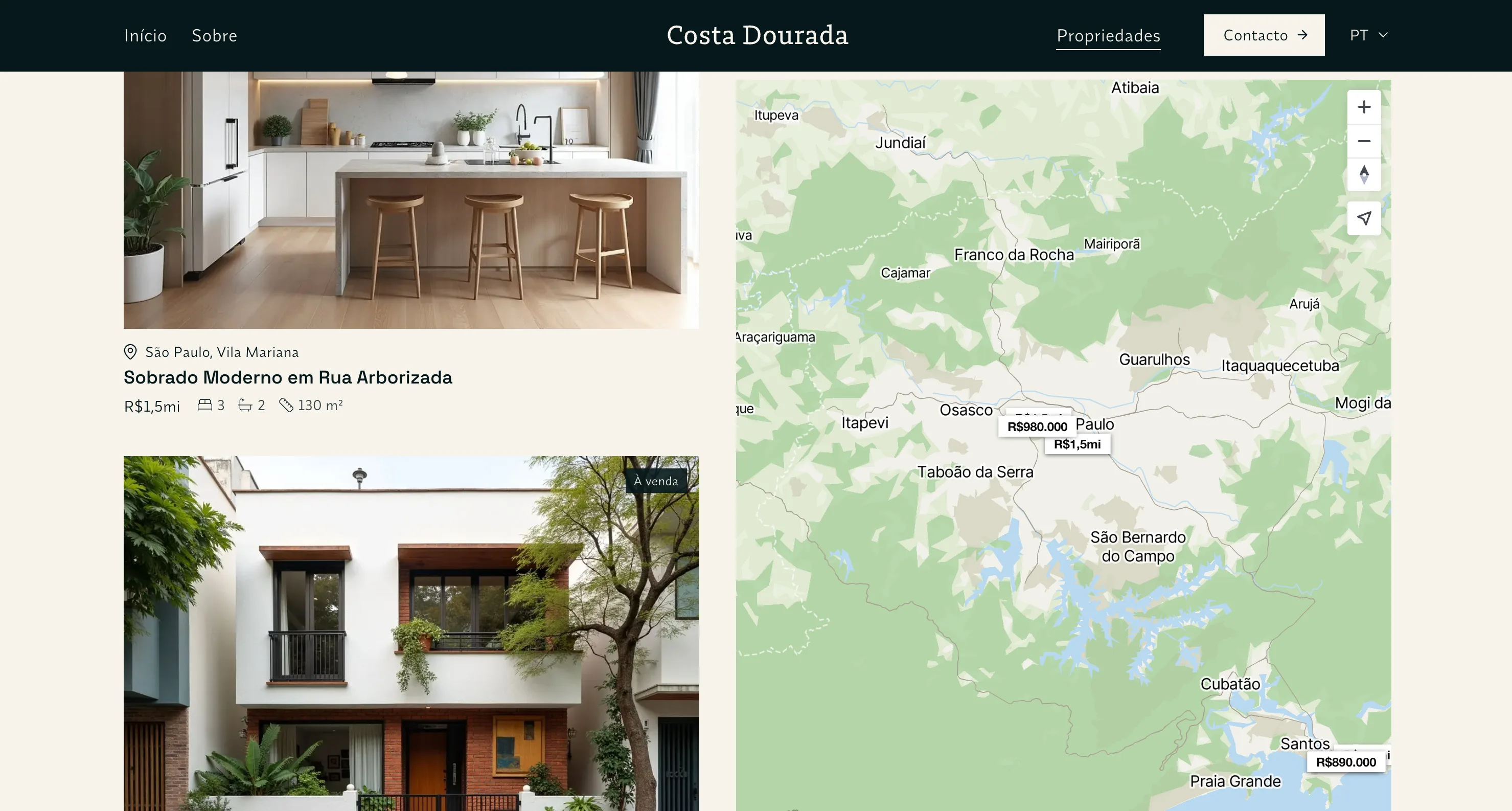 Costa Dourada listings page with property cards alongside an interactive map with price markers