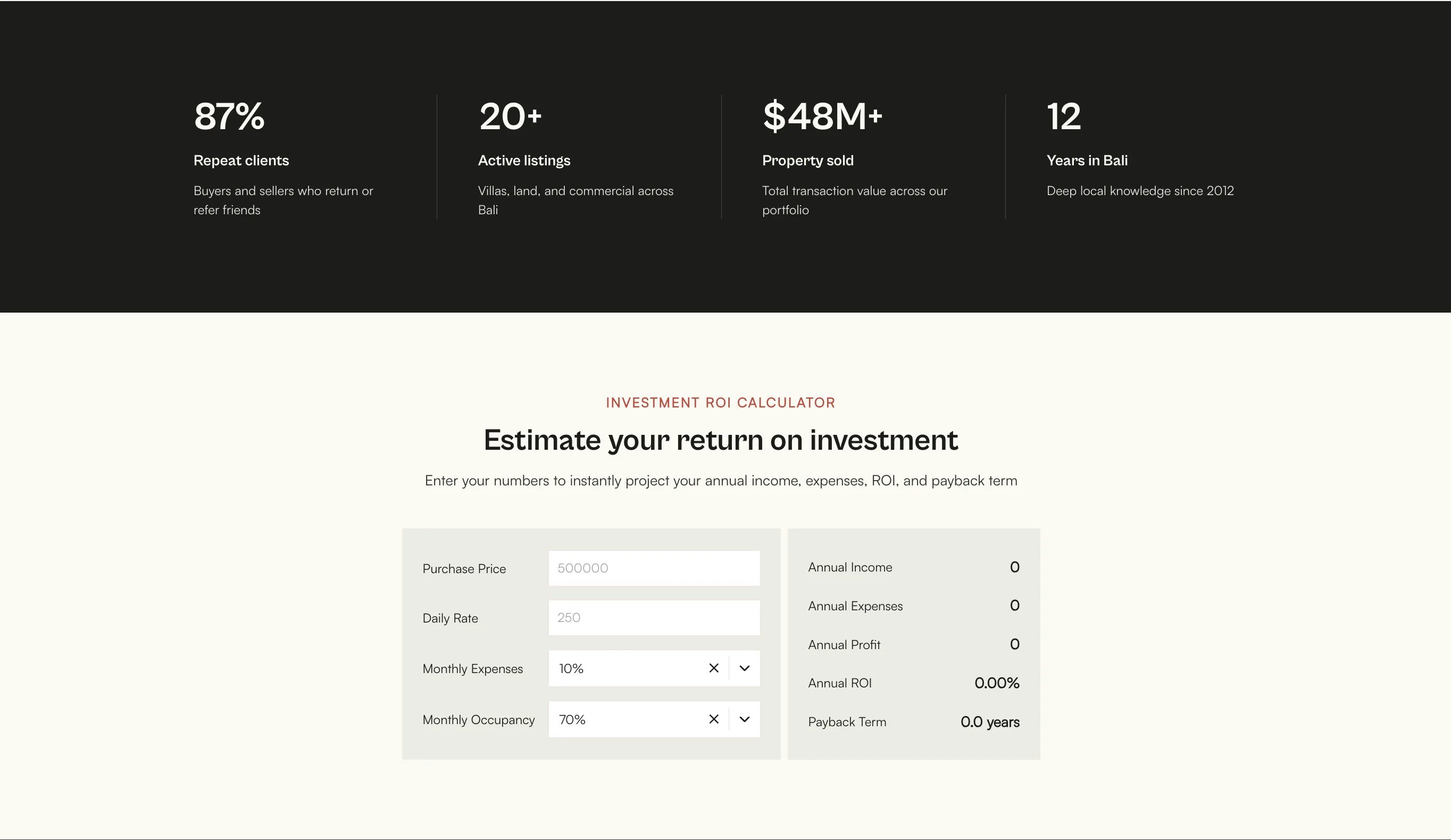 Terra Properties ROI calculator with purchase price, daily rate, and occupancy inputs