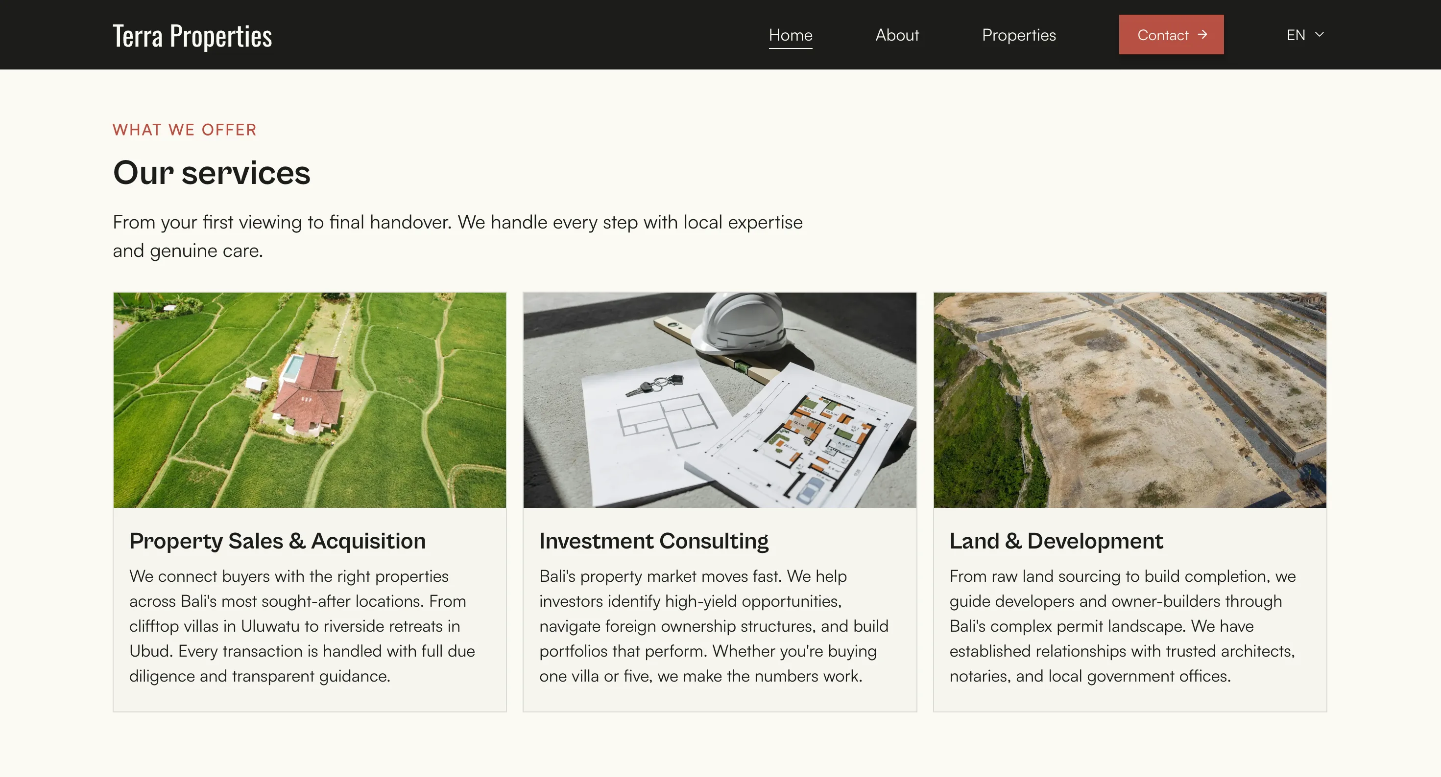 Terra Properties services section with Property Sales, Investment Consulting, and Land & Development cards