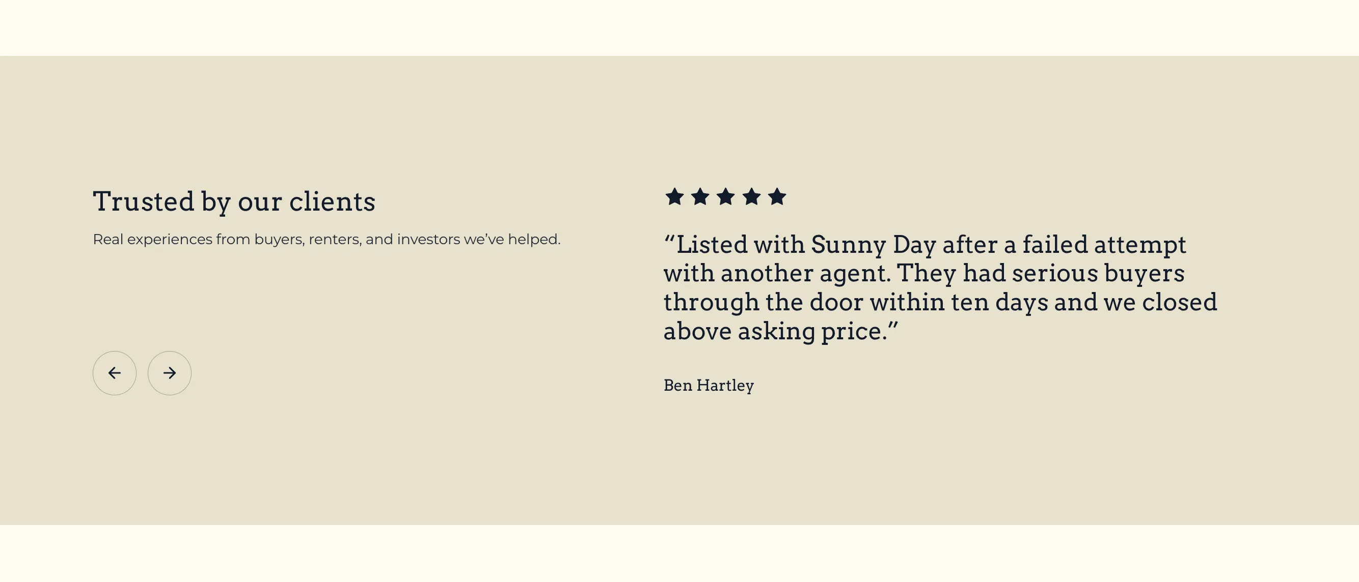 Sunny Day Properties testimonials carousel with a named client quote and star rating