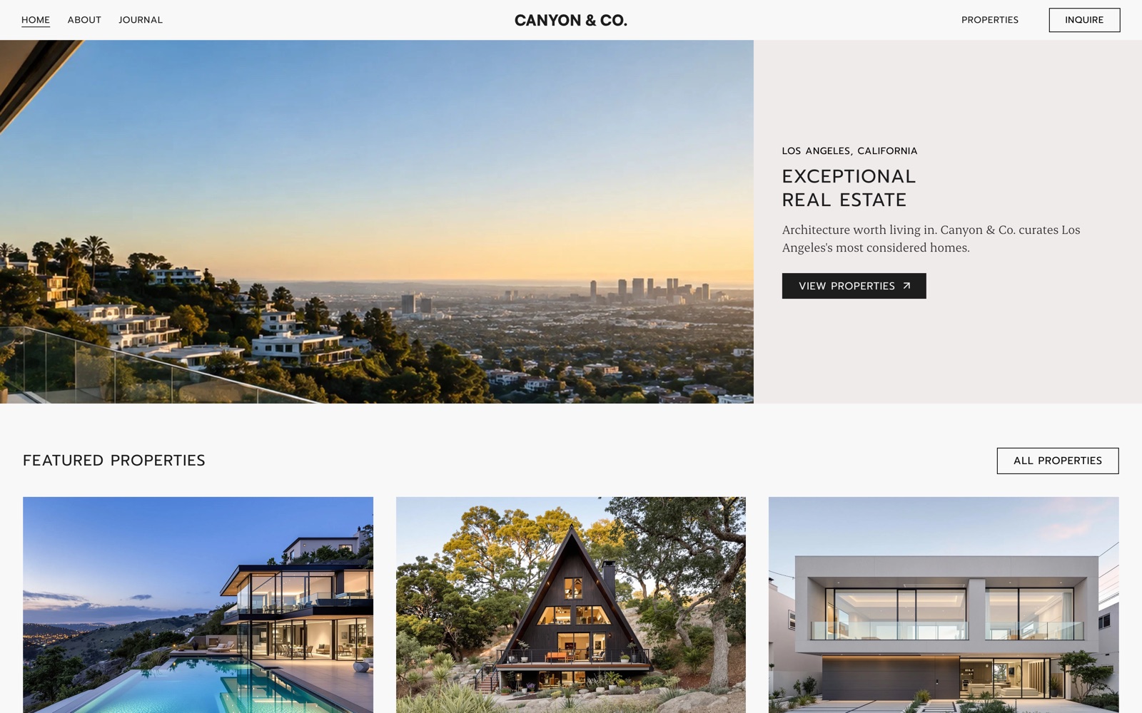 Canyon and Co. homepage with a split hero, photograph on the left and text panel on the right