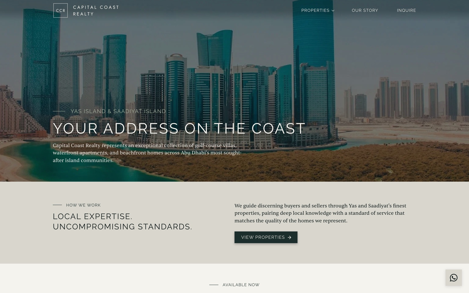 Capital Coast Realty homepage with a wide-tracked uppercase headline over an Abu Dhabi coastline photograph