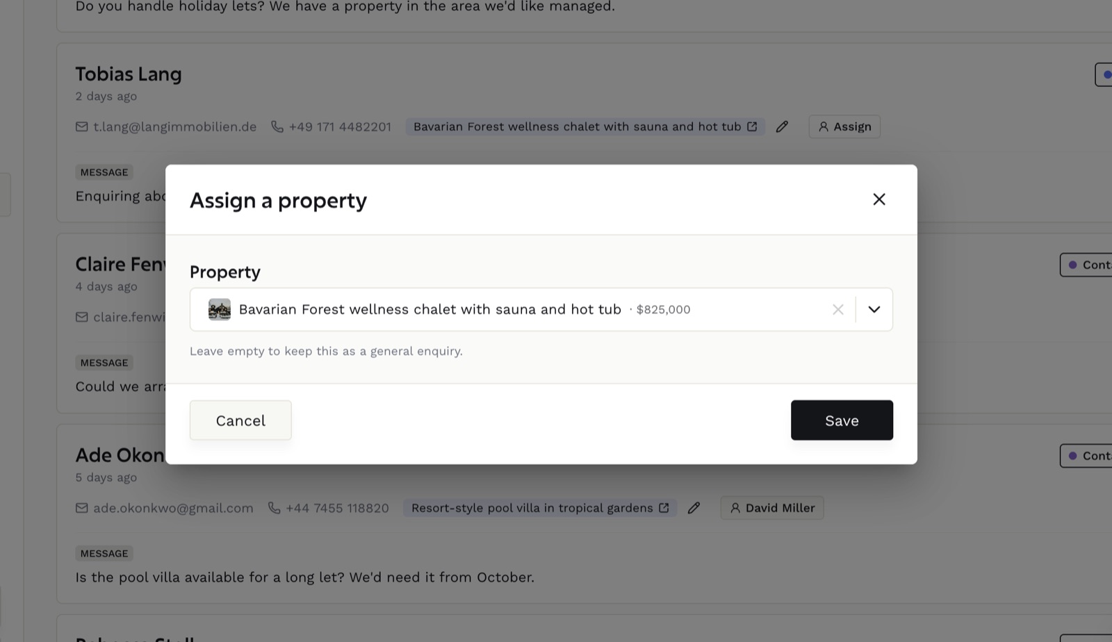 The assign a property dialog, linking a listing to an existing lead