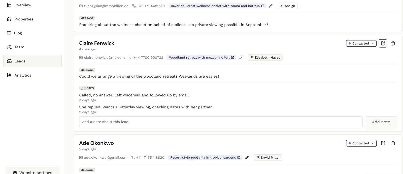 A contacted lead showing two timestamped notes, an assigned agent, and a box for adding another note