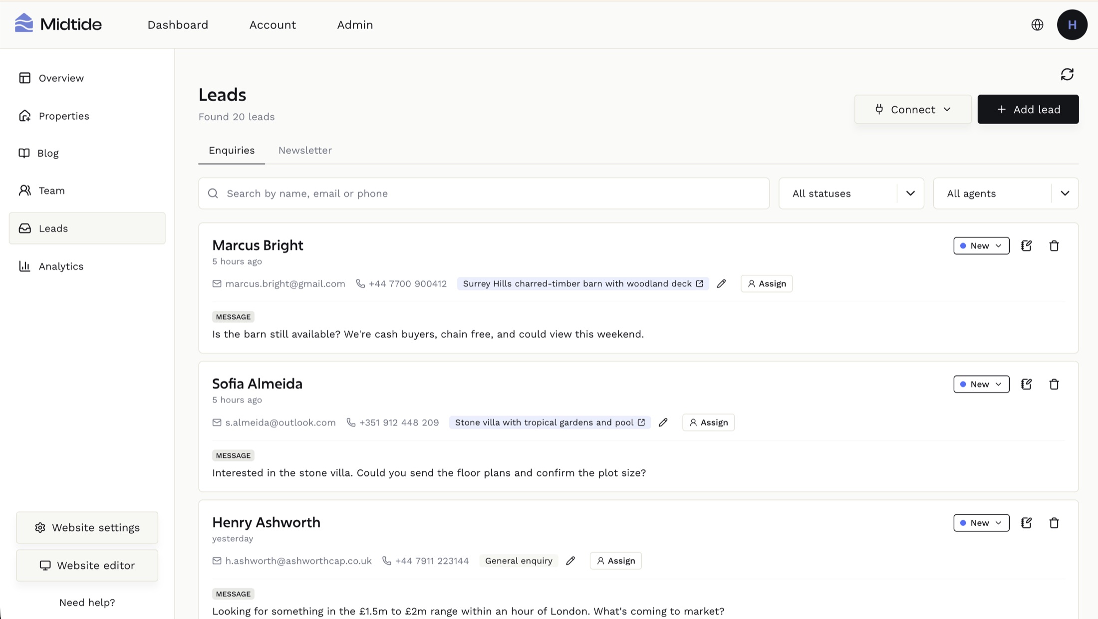 The leads list showing three new enquiries with their messages and linked properties