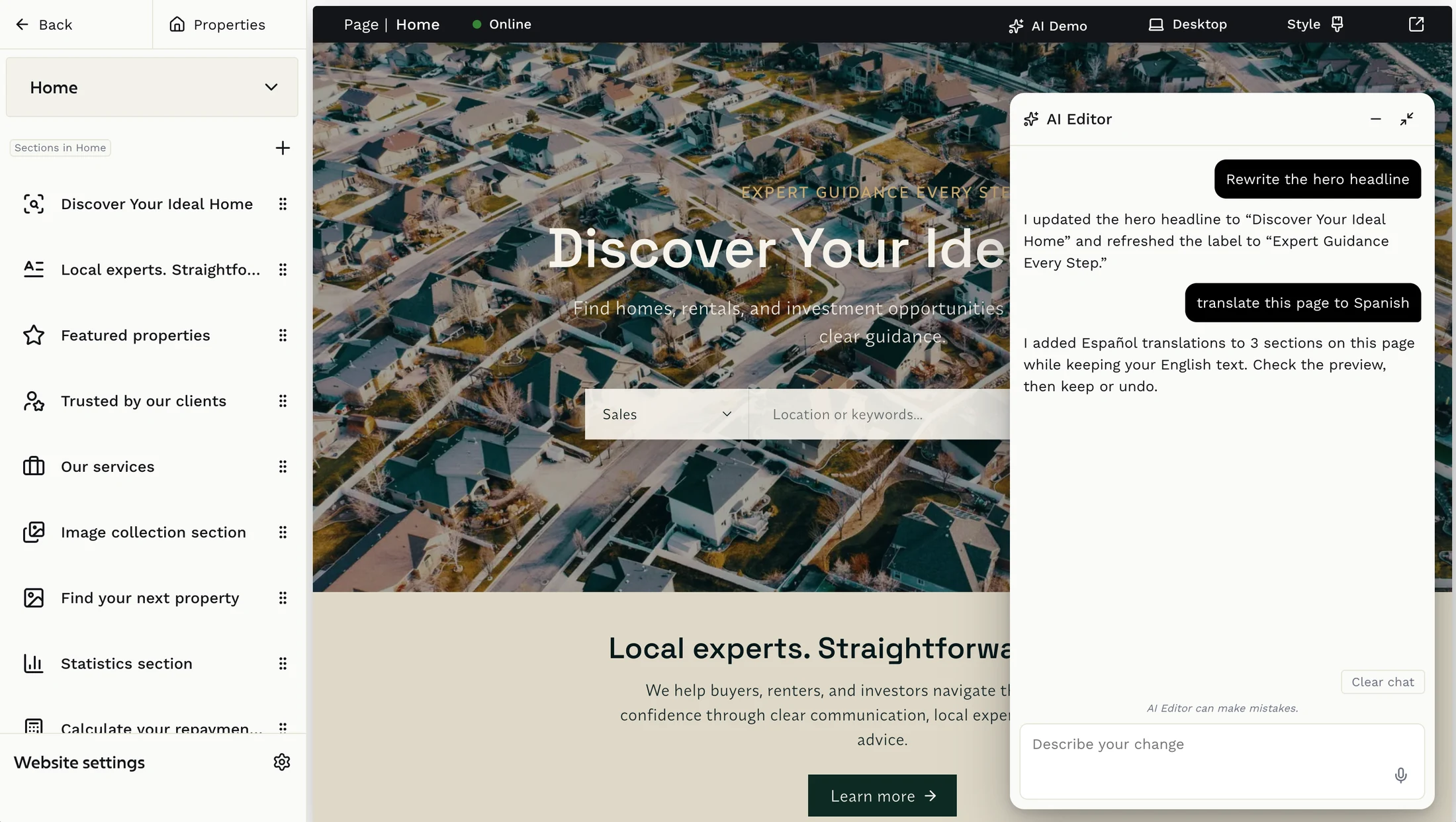 The Midtide AI editor open inside the website builder