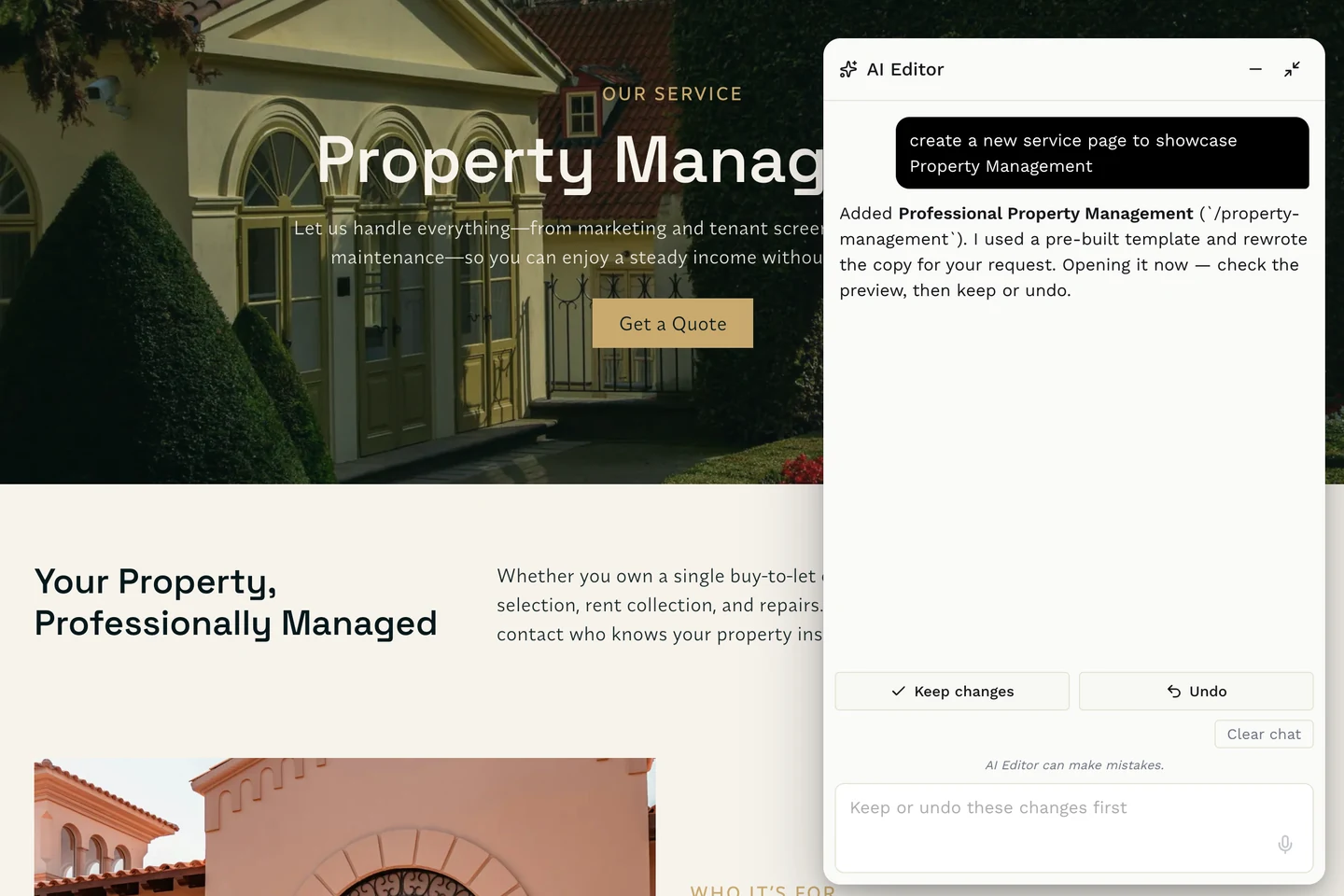 The Midtide AI editor creating a new page inside the site builder